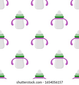 Illustration on theme colored kit baby milk in clear bottle with rubber pacifier. Baby milk bottle consisting of collection to newborn, good pacifier. Pacifier in milk bottle it baby care equipment.