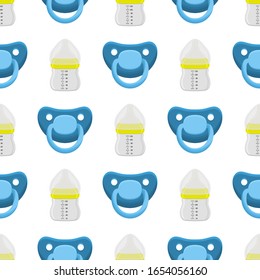 Ilustración sobre el kit de color tema leche para bebé en una botella transparente con un pacificador de goma. Botella de leche de bebé que consiste en recolección para recién nacidos, buen pacificador. Pacificador en botellas de leche, equipo de cuidado de bebé.