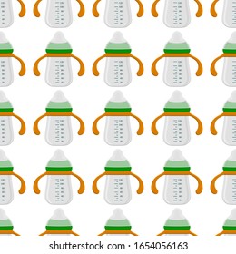 Illustration auf Thema bunte Kit Babymilch in klare Flasche mit Gummi-Pazifik. Babymilchflasche, bestehend aus der Sammlung bis zum Neugeborenen, guter Pazifik. Pazifischer in Milchflasche es Babypflegegerät.