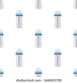 Illustration on theme colored kit baby milk in clear bottle with rubber pacifier. Baby milk bottle consisting of collection to newborn, good pacifier. Pacifier in milk bottle it baby care equipment.