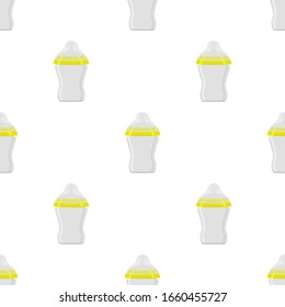 Ilustración sobre el kit de color tema leche para bebé en una botella transparente con un pacificador de goma. Botella de leche de bebé que consiste en recolección para recién nacidos, buen pacificador. Pacificador en botellas de leche, equipo de cuidado de bebé.