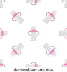 Illustration on theme colored kit baby milk in clear bottle with rubber pacifier. Baby milk bottle consisting of collection to newborn, good pacifier. Pacifier in milk bottle it baby care equipment.