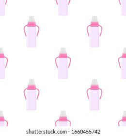 Illustration auf Thema bunte Kit Babymilch in klare Flasche mit Gummi-Pazifik. Babymilchflasche, bestehend aus der Sammlung bis zum Neugeborenen, guter Pazifik. Pazifischer in Milchflasche es Babypflegegerät.