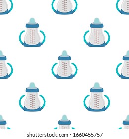 Illustration on theme colored kit baby milk in clear bottle with rubber pacifier. Baby milk bottle consisting of collection to newborn, good pacifier. Pacifier in milk bottle it baby care equipment.