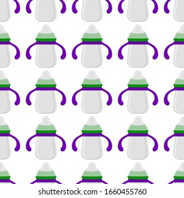 Illustration on theme colored kit baby milk in clear bottle with rubber pacifier. Baby milk bottle consisting of collection to newborn, good pacifier. Pacifier in milk bottle it baby care equipment.