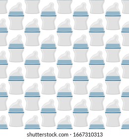 Ilustración sobre el kit de color tema leche para bebé en una botella transparente con un pacificador de goma. Botella de leche de bebé que consiste en recolección para recién nacidos, buen pacificador. Pacificador en botellas de leche, equipo de cuidado de bebé.