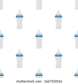 Ilustración sobre el kit de color tema leche para bebé en una botella transparente con un pacificador de goma. Botella de leche de bebé que consiste en recolección para recién nacidos, buen pacificador. Pacificador en botellas de leche, equipo de cuidado de bebé.