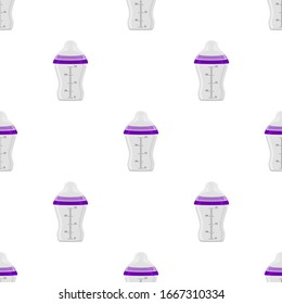 Illustration on theme colored kit baby milk in clear bottle with rubber pacifier. Baby milk bottle consisting of collection to newborn, good pacifier. Pacifier in milk bottle it baby care equipment.