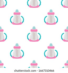 Illustration auf Thema bunte Kit Babymilch in klare Flasche mit Gummi-Pazifik. Babymilchflasche, bestehend aus der Sammlung bis zum Neugeborenen, guter Pazifik. Pazifischer in Milchflasche es Babypflegegerät.