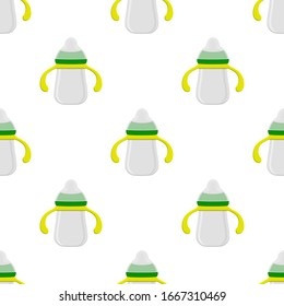 Illustration auf Thema bunte Kit Babymilch in klare Flasche mit Gummi-Pazifik. Babymilchflasche, bestehend aus der Sammlung bis zum Neugeborenen, guter Pazifik. Pazifischer in Milchflasche es Babypflegegerät.
