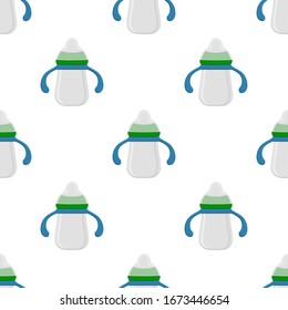 Illustration on theme colored kit baby milk in clear bottle with rubber pacifier. Baby milk bottle consisting of collection to newborn, good pacifier. Pacifier in milk bottle it baby care equipment.