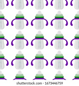 Ilustración sobre el kit de color tema leche para bebé en una botella transparente con un pacificador de goma. Botella de leche de bebé que consiste en recolección para recién nacidos, buen pacificador. Pacificador en botellas de leche, equipo de cuidado de bebé.