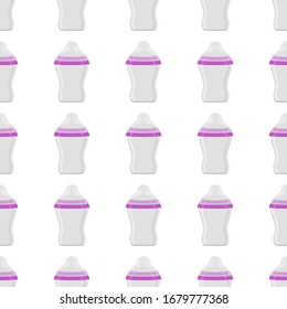 Ilustración sobre el kit de color tema leche para bebé en una botella transparente con un pacificador de goma. Botella de leche de bebé que consiste en recolección para recién nacidos, buen pacificador. Pacificador en botellas de leche, equipo de cuidado de bebé.