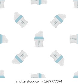Illustration on theme colored kit baby milk in clear bottle with rubber pacifier. Baby milk bottle consisting of collection to newborn, good pacifier. Pacifier in milk bottle it baby care equipment.