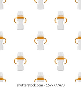 Illustration on theme colored kit baby milk in clear bottle with rubber pacifier. Baby milk bottle consisting of collection to newborn, good pacifier. Pacifier in milk bottle it baby care equipment.