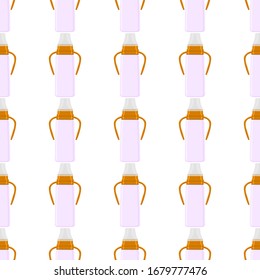 Ilustración sobre el kit de color tema leche para bebé en una botella transparente con un pacificador de goma. Botella de leche de bebé que consiste en recolección para recién nacidos, buen pacificador. Pacificador en botellas de leche, equipo de cuidado de bebé.