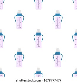 Illustration on theme colored kit baby milk in clear bottle with rubber pacifier. Baby milk bottle consisting of collection to newborn, good pacifier. Pacifier in milk bottle it baby care equipment.