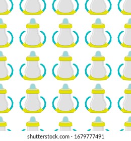 Illustration on theme colored kit baby milk in clear bottle with rubber pacifier. Baby milk bottle consisting of collection to newborn, good pacifier. Pacifier in milk bottle it baby care equipment.