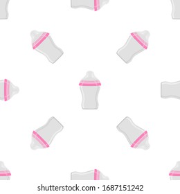 Illustration on theme colored kit baby milk in clear bottle with rubber pacifier. Baby milk bottle consisting of collection to newborn, good pacifier. Pacifier in milk bottle it baby care equipment.