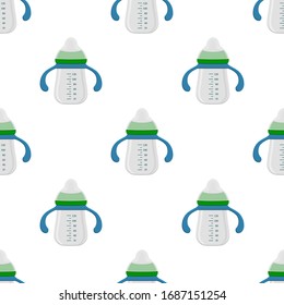 Ilustración sobre el kit de color tema leche para bebé en una botella transparente con un pacificador de goma. Botella de leche de bebé que consiste en recolección para recién nacidos, buen pacificador. Pacificador en botellas de leche, equipo de cuidado de bebé.