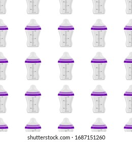 Illustration on theme colored kit baby milk in clear bottle with rubber pacifier. Baby milk bottle consisting of collection to newborn, good pacifier. Pacifier in milk bottle it baby care equipment.