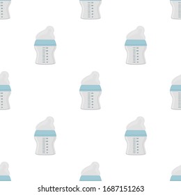 Ilustración sobre el kit de color tema leche para bebé en una botella transparente con un pacificador de goma. Botella de leche de bebé que consiste en recolección para recién nacidos, buen pacificador. Pacificador en botellas de leche, equipo de cuidado de bebé.