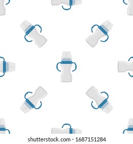 Illustration on theme colored kit baby milk in clear bottle with rubber pacifier. Baby milk bottle consisting of collection to newborn, good pacifier. Pacifier in milk bottle it baby care equipment.