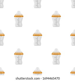 Illustration on theme colored kit baby milk in clear bottle with rubber pacifier. Baby milk bottle consisting of collection to newborn, good pacifier. Pacifier in milk bottle it baby care equipment.