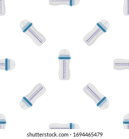 Illustration on theme colored kit baby milk in clear bottle with rubber pacifier. Baby milk bottle consisting of collection to newborn, good pacifier. Pacifier in milk bottle it baby care equipment.