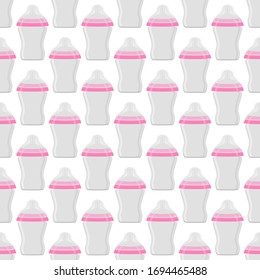 Ilustración sobre el kit de color tema leche para bebé en una botella transparente con un pacificador de goma. Botella de leche de bebé que consiste en recolección para recién nacidos, buen pacificador. Pacificador en botellas de leche, equipo de cuidado de bebé.