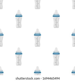 Illustration auf Thema bunte Kit Babymilch in klare Flasche mit Gummi-Pazifik. Babymilchflasche, bestehend aus der Sammlung bis zum Neugeborenen, guter Pazifik. Pazifischer in Milchflasche es Babypflegegerät.