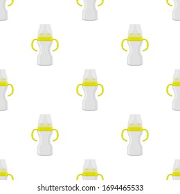Ilustración sobre el kit de color tema leche para bebé en una botella transparente con un pacificador de goma. Botella de leche de bebé que consiste en recolección para recién nacidos, buen pacificador. Pacificador en botellas de leche, equipo de cuidado de bebé.