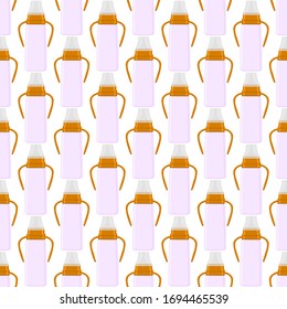Ilustración sobre el kit de color tema leche para bebé en una botella transparente con un pacificador de goma. Botella de leche de bebé que consiste en recolección para recién nacidos, buen pacificador. Pacificador en botellas de leche, equipo de cuidado de bebé.