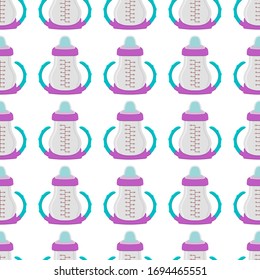 Illustration on theme colored kit baby milk in clear bottle with rubber pacifier. Baby milk bottle consisting of collection to newborn, good pacifier. Pacifier in milk bottle it baby care equipment.