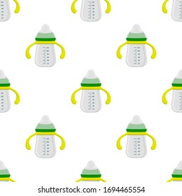 Ilustración sobre el kit de color tema leche para bebé en una botella transparente con un pacificador de goma. Botella de leche de bebé que consiste en recolección para recién nacidos, buen pacificador. Pacificador en botellas de leche, equipo de cuidado de bebé.
