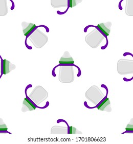 Ilustración sobre el kit de color tema leche para bebé en una botella transparente con un pacificador de goma. Botella de leche de bebé que consiste en recolección para recién nacidos, buen pacificador. Pacificador en botellas de leche, equipo de cuidado de bebé.