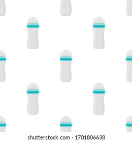 Ilustración sobre el kit de color tema leche para bebé en una botella transparente con un pacificador de goma. Botella de leche de bebé que consiste en recolección para recién nacidos, buen pacificador. Pacificador en botellas de leche, equipo de cuidado de bebé.