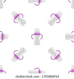 Illustration on theme colored kit baby milk in clear bottle with rubber pacifier. Baby milk bottle consisting of collection to newborn, good pacifier. Pacifier in milk bottle it baby care equipment.