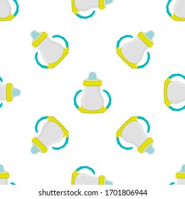 Illustration auf Thema bunte Kit Babymilch in klare Flasche mit Gummi-Pazifik. Babymilchflasche, bestehend aus der Sammlung bis zum Neugeborenen, guter Pazifik. Pazifischer in Milchflasche es Babypflegegerät.