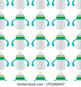 Illustration on theme colored kit baby milk in clear bottle with rubber pacifier. Baby milk bottle consisting of collection to newborn, good pacifier. Pacifier in milk bottle it baby care equipment.