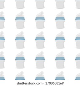Illustration on theme colored kit baby milk in clear bottle with rubber pacifier. Baby milk bottle consisting of collection to newborn, good pacifier. Pacifier in milk bottle it baby care equipment.