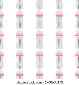 Illustration on theme colored kit baby milk in clear bottle with rubber pacifier. Baby milk bottle consisting of collection to newborn, good pacifier. Pacifier in milk bottle it baby care equipment.
