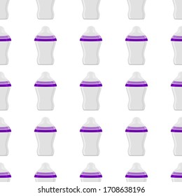 Illustration on theme colored kit baby milk in clear bottle with rubber pacifier. Baby milk bottle consisting of collection to newborn, good pacifier. Pacifier in milk bottle it baby care equipment.