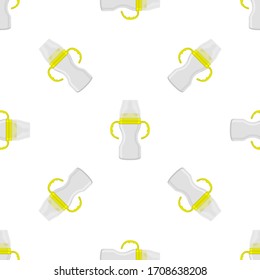 Ilustración sobre el kit de color tema leche para bebé en una botella transparente con un pacificador de goma. Botella de leche de bebé que consiste en recolección para recién nacidos, buen pacificador. Pacificador en botellas de leche, equipo de cuidado de bebé.