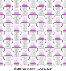 Ilustración sobre el kit de color tema leche para bebé en una botella transparente con un pacificador de goma. Botella de leche de bebé que consiste en recolección para recién nacidos, buen pacificador. Pacificador en botellas de leche, equipo de cuidado de bebé.