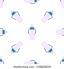 Illustration on theme colored kit baby milk in clear bottle with rubber pacifier. Baby milk bottle consisting of collection to newborn, good pacifier. Pacifier in milk bottle it baby care equipment.