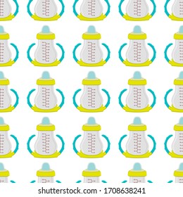Illustration on theme colored kit baby milk in clear bottle with rubber pacifier. Baby milk bottle consisting of collection to newborn, good pacifier. Pacifier in milk bottle it baby care equipment.