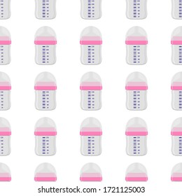 Ilustración sobre el kit de color tema leche para bebé en una botella transparente con un pacificador de goma. Botella de leche de bebé que consiste en recolección para recién nacidos, buen pacificador. Pacificador en botellas de leche, equipo de cuidado de bebé.