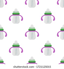 Illustration on theme colored kit baby milk in clear bottle with rubber pacifier. Baby milk bottle consisting of collection to newborn, good pacifier. Pacifier in milk bottle it baby care equipment.
