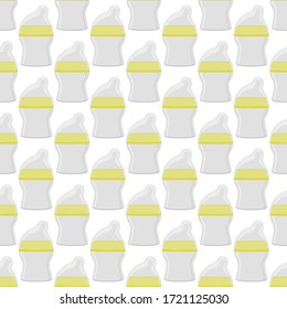 Illustration auf Thema bunte Kit Babymilch in klare Flasche mit Gummi-Pazifik. Babymilchflasche, bestehend aus der Sammlung bis zum Neugeborenen, guter Pazifik. Pazifischer in Milchflasche es Babypflegegerät.